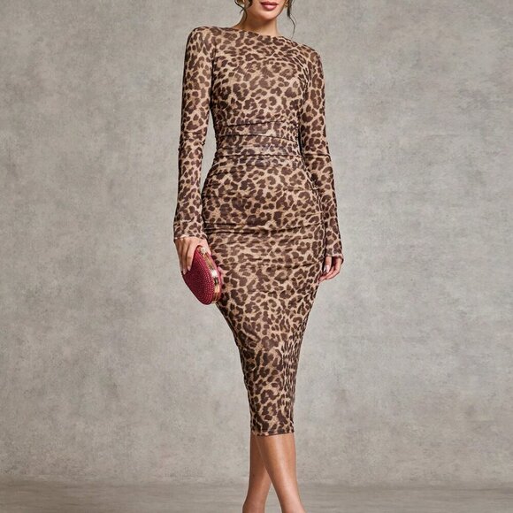 Multicolor Elegant Women's Leopard Print Side Pleated Long Sleeve Dress - Picture 5 of 7